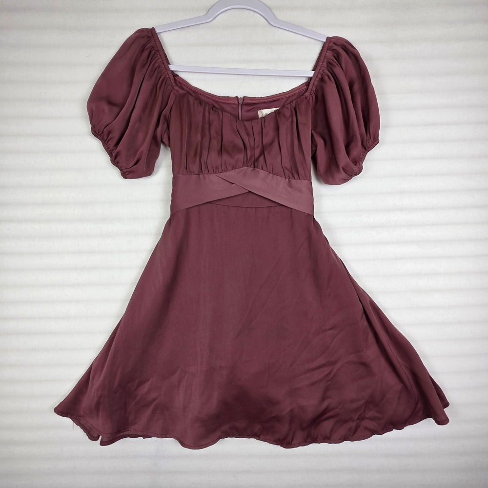 Altar'd State Raella Dress Womens S Burgundy Puff Sleeve Coquette Romantic Mini